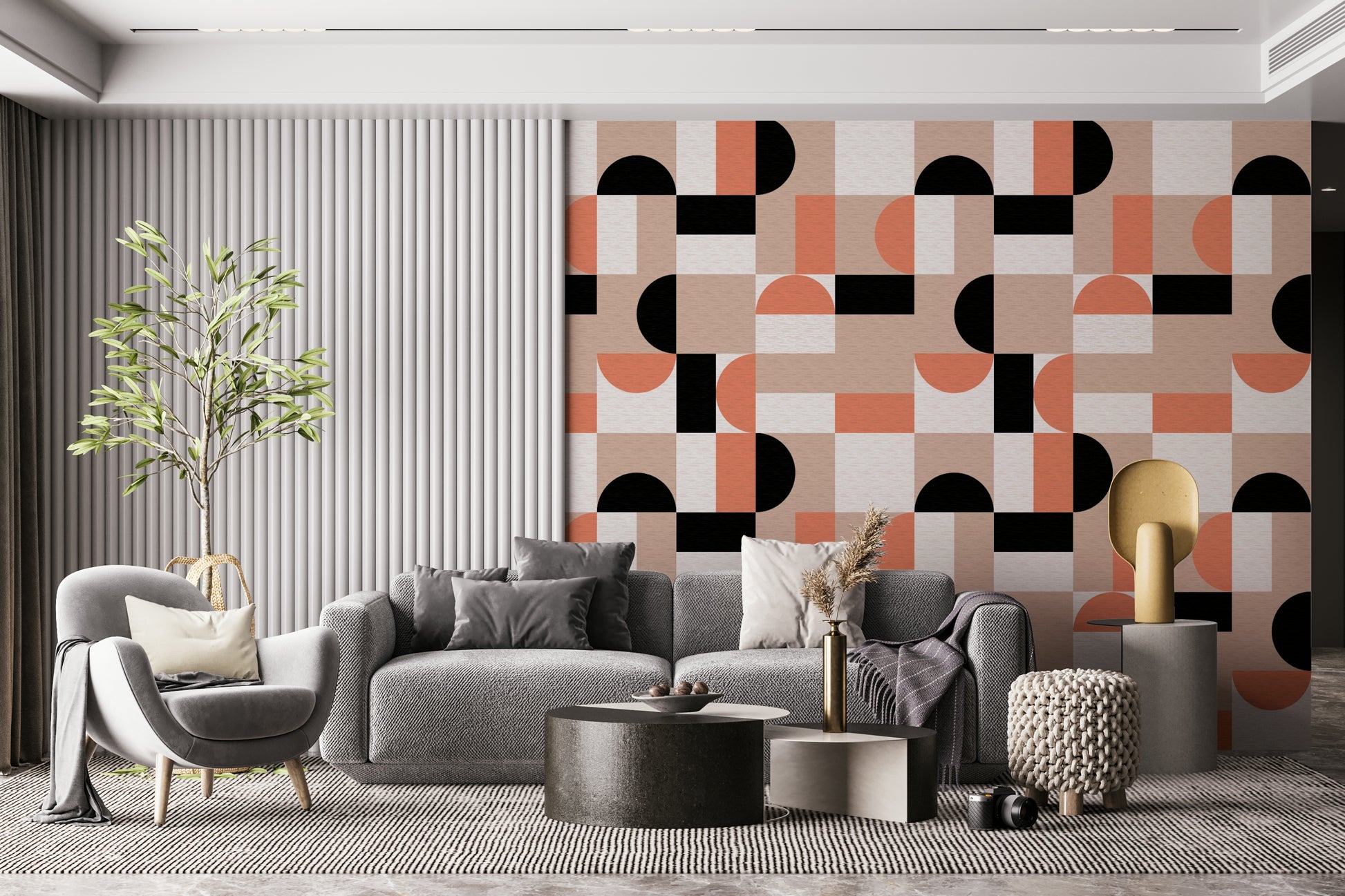 Repeating block design in peach, black, white.