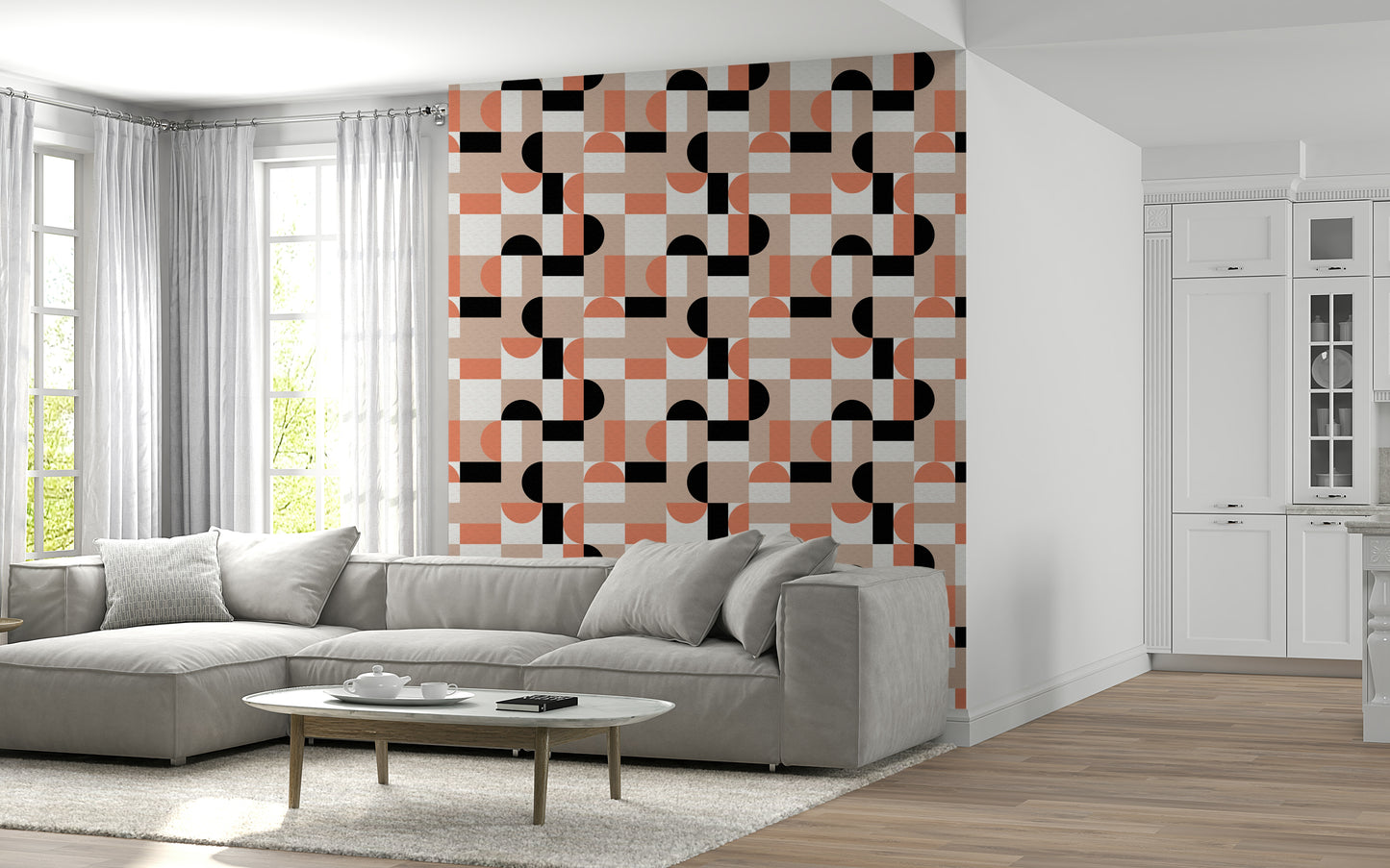 Modern pattern with peach circles and rectangles.