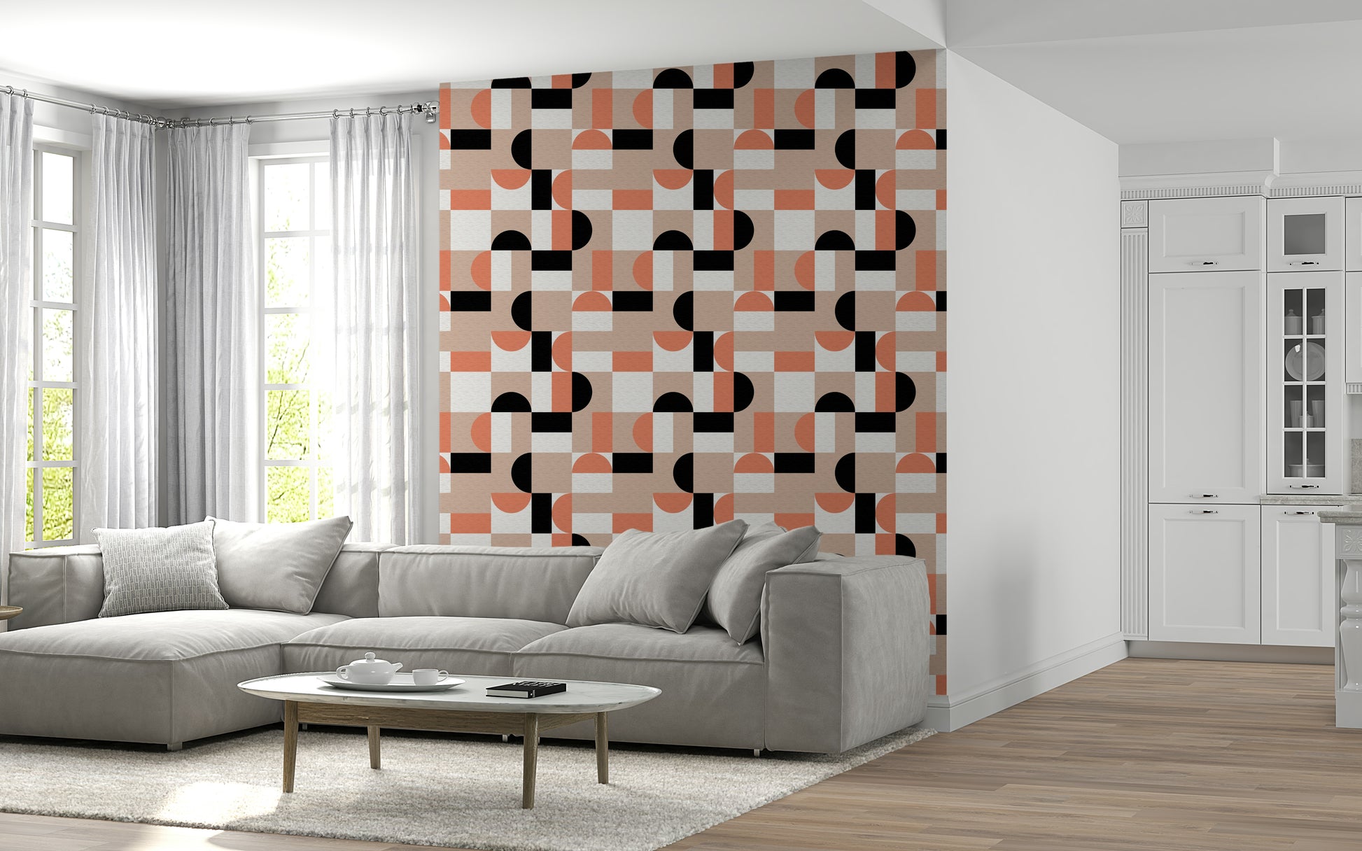 Modern pattern with peach circles and rectangles.