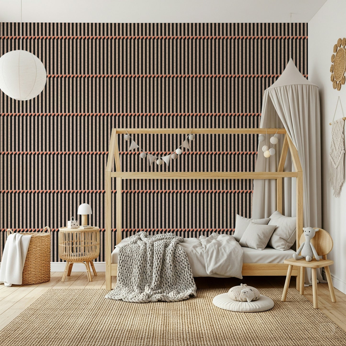 Bold black and beige vertical stripes on the Retro Lines Wallpaper design.