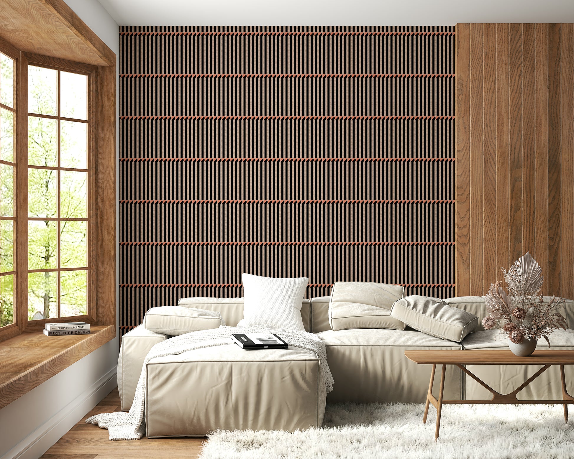 Retro Lines Wallpaper creating a dimensional feature wall with lines.