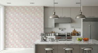 Bedroom feature wall showcasing the decorative blush pink and cream folk art style tiling.