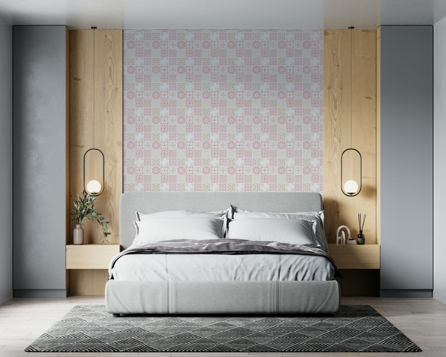 Vibrant folk-inspired geometric and floral patterned wall decor.