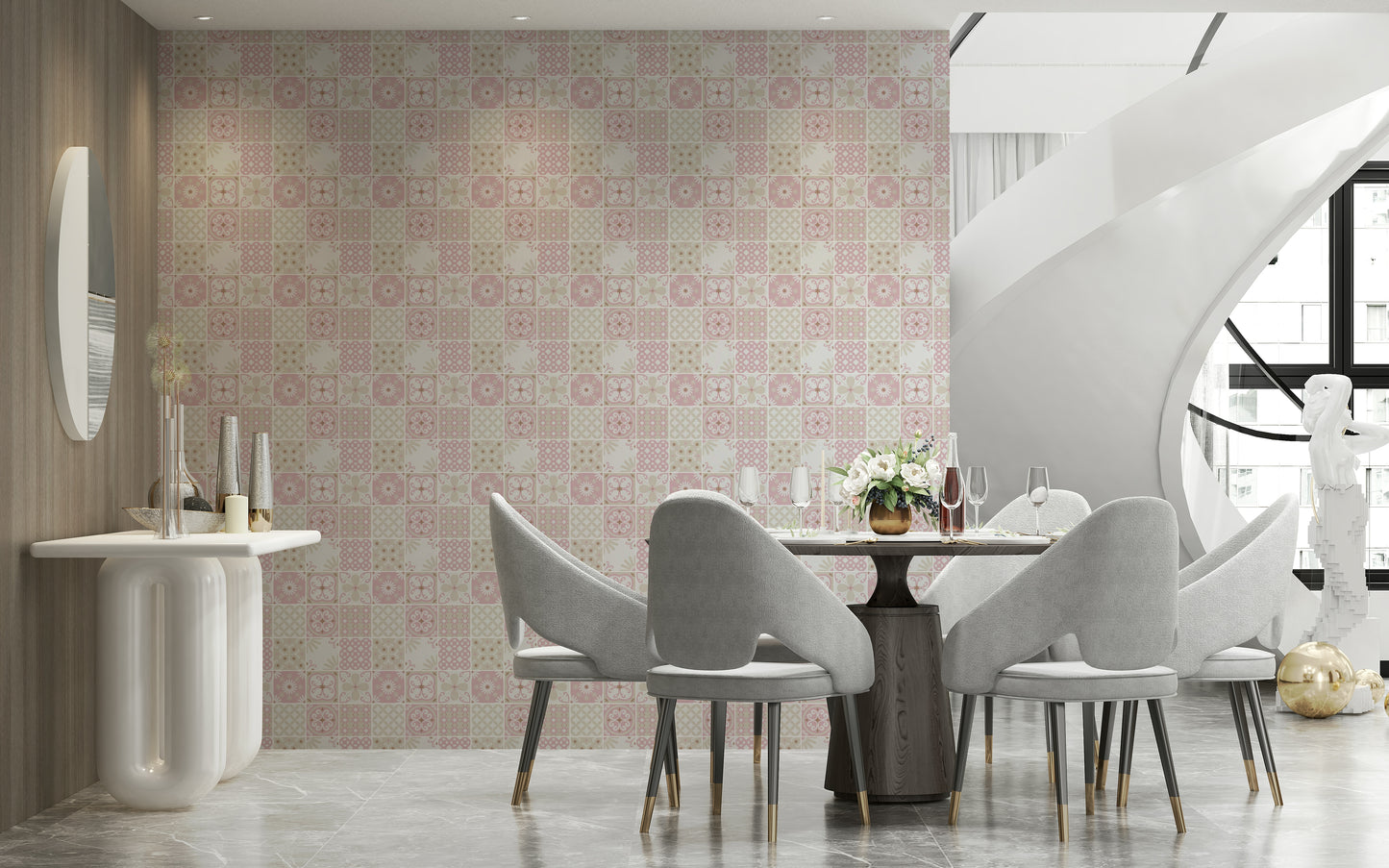 Full view of a dining room accented with the patterned blush pink tile wallcovering.