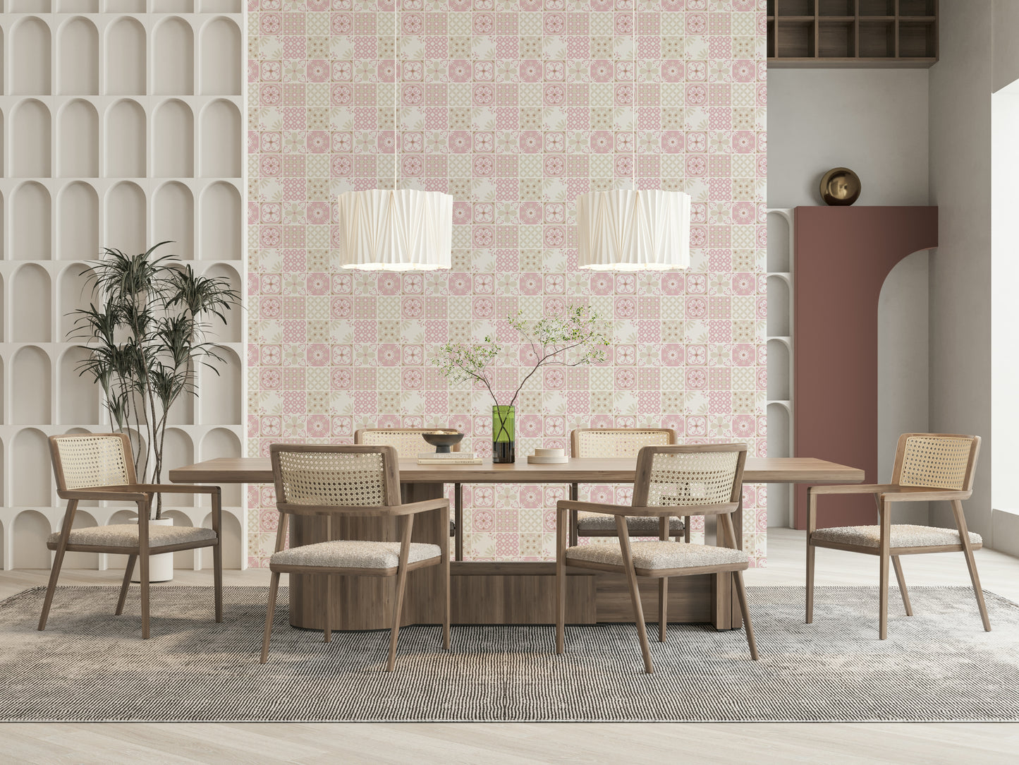 Close-up of the intricate blush pink and taupe swirling pattern tile design.