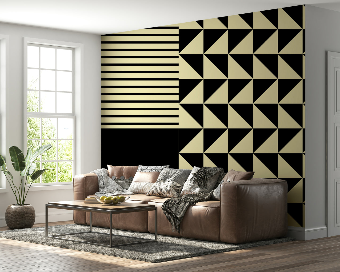 Wide room perspective featuring the calming Dynamic Duo Shapes Wall Mural.