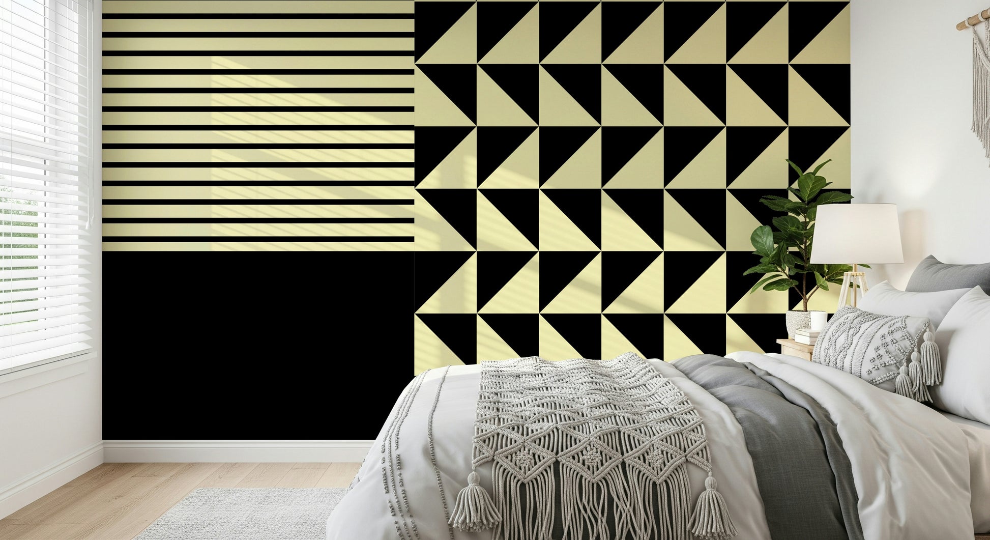 Geometric black and beige abstract pattern of the Dynamic Duo Shapes Wall Mural.