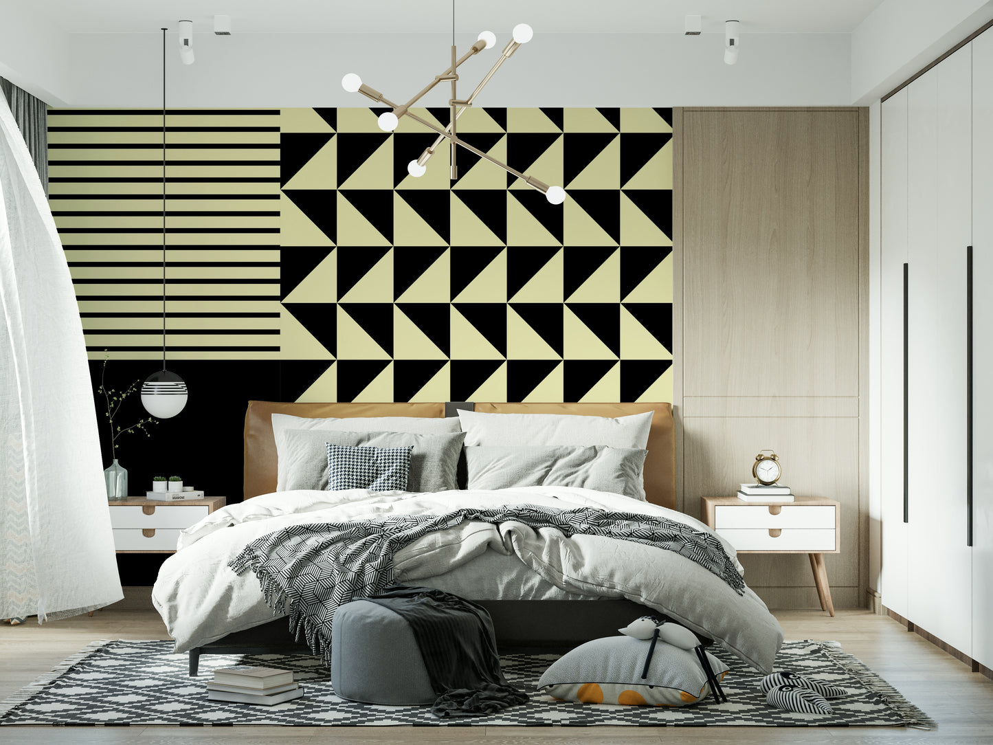 High-contrast pattern of the Dynamic Duo mural with stripes and triangles.