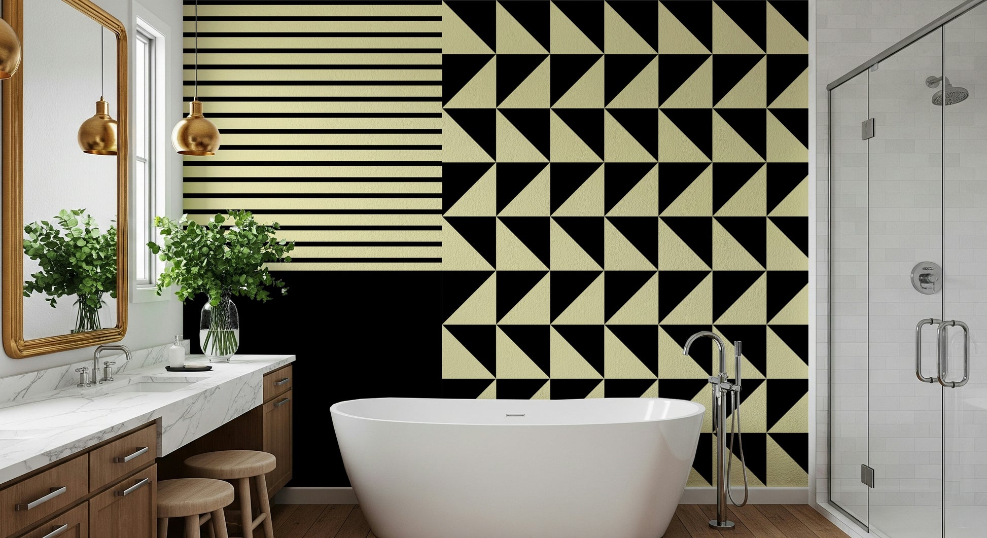 Dynamic Duo Shapes Wall Mural creating a striking, graphic feature wall.