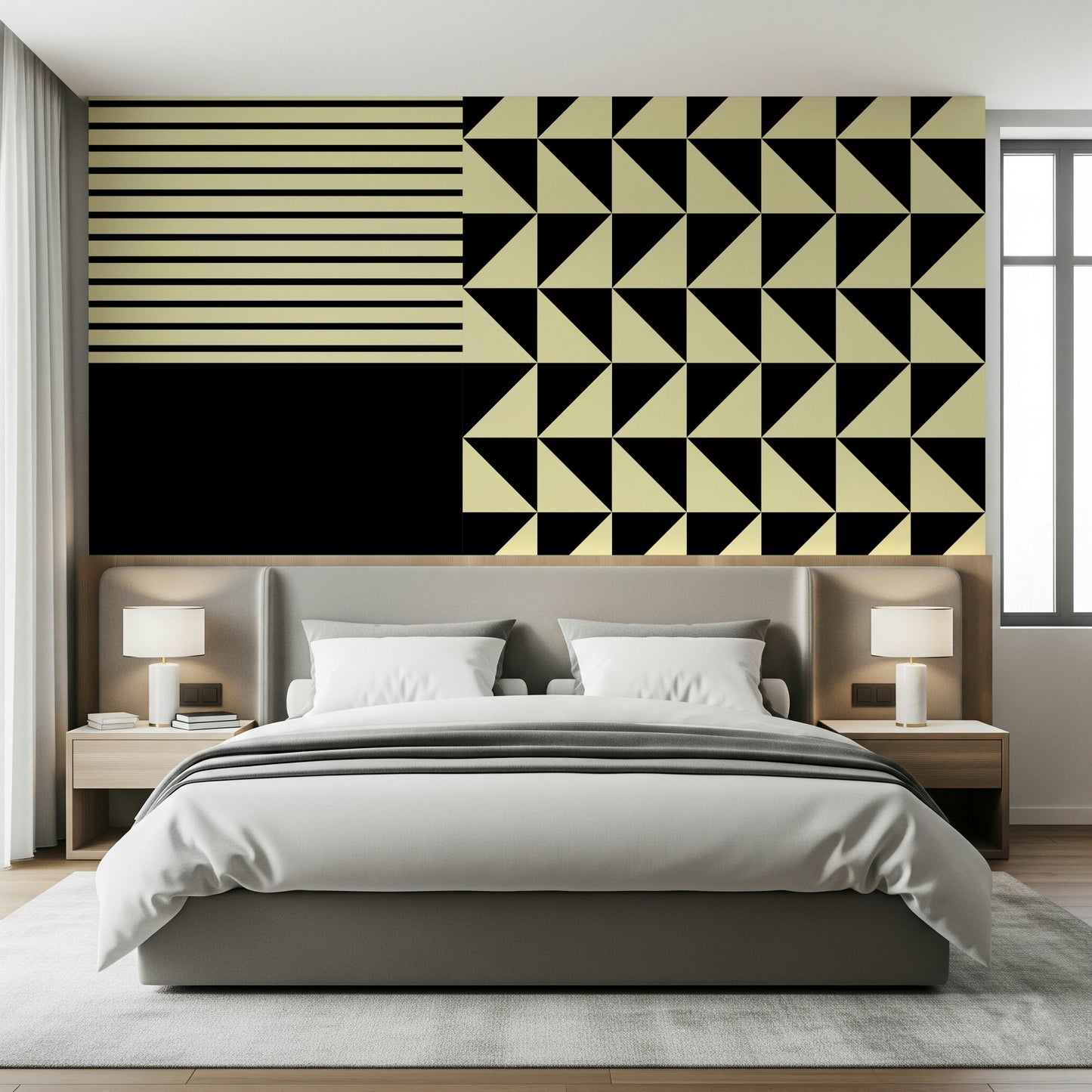 Bedroom headboard wall featuring the bold Dynamic Duo geometric print.