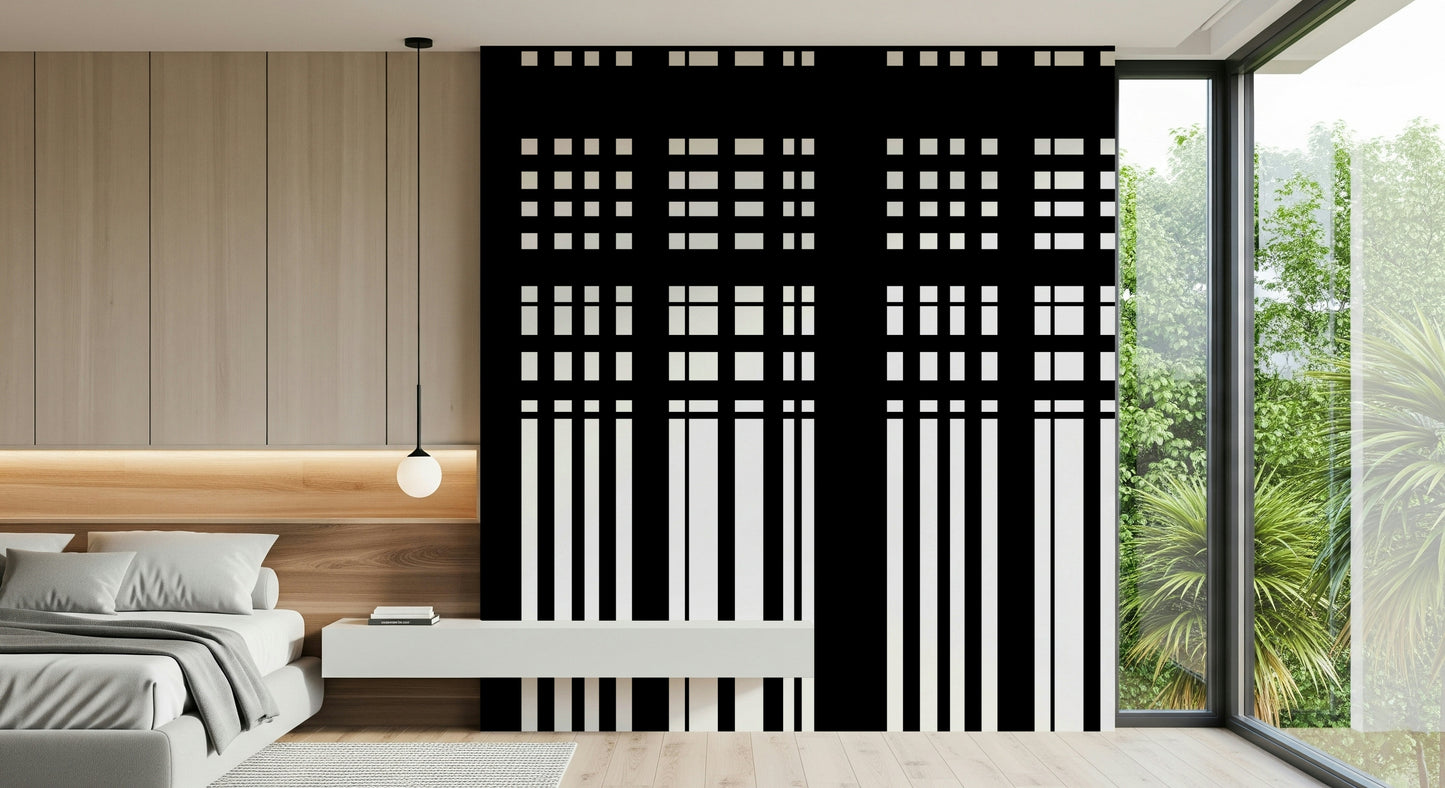 Entryway transformed by the bold Minimal Black & White Stripes mural.