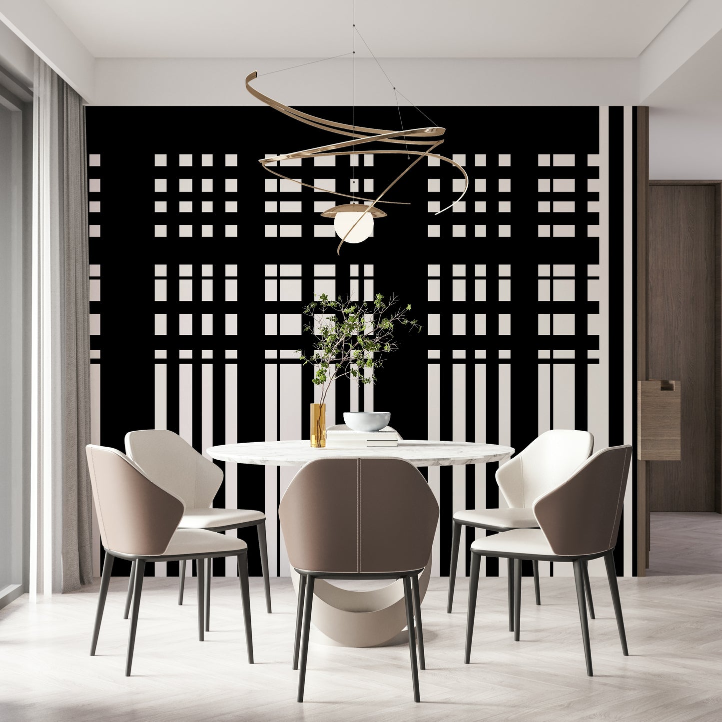 High-contrast geometric pattern of the black and white wall.