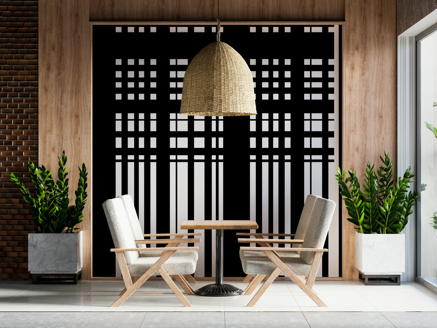 Artistic interplay of solid black blocks and white pinstripes.