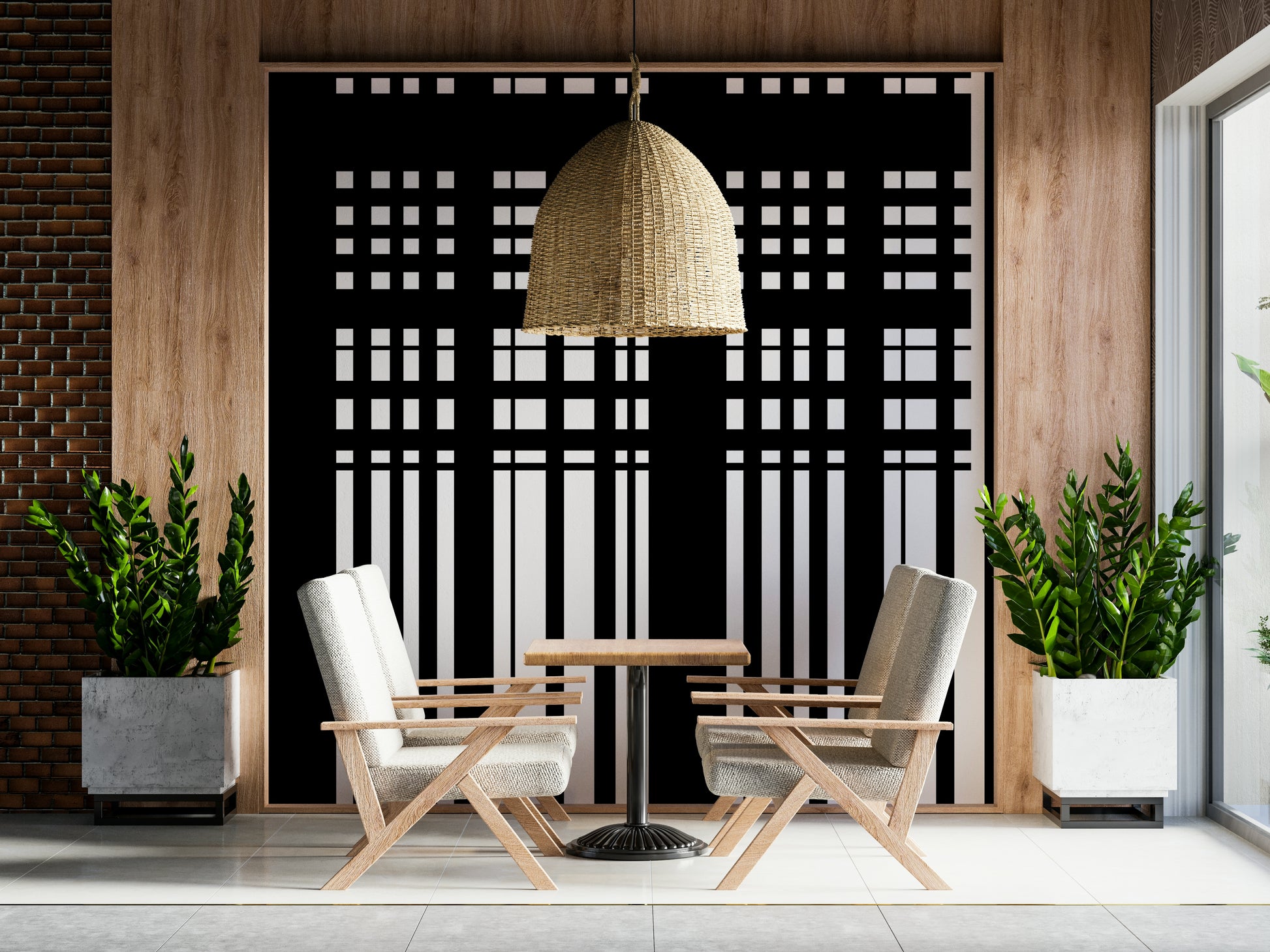 Artistic interplay of solid black blocks and white pinstripes.