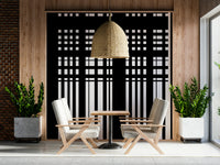 Artistic interplay of solid black blocks and white pinstripes.