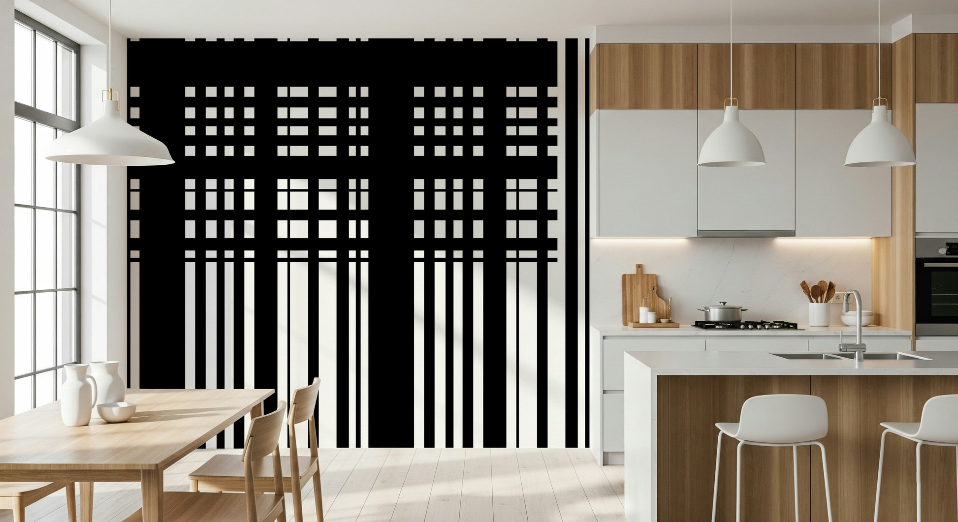 Contemporary dining room with the bold Minimal Black & White Stripes wallpaper.