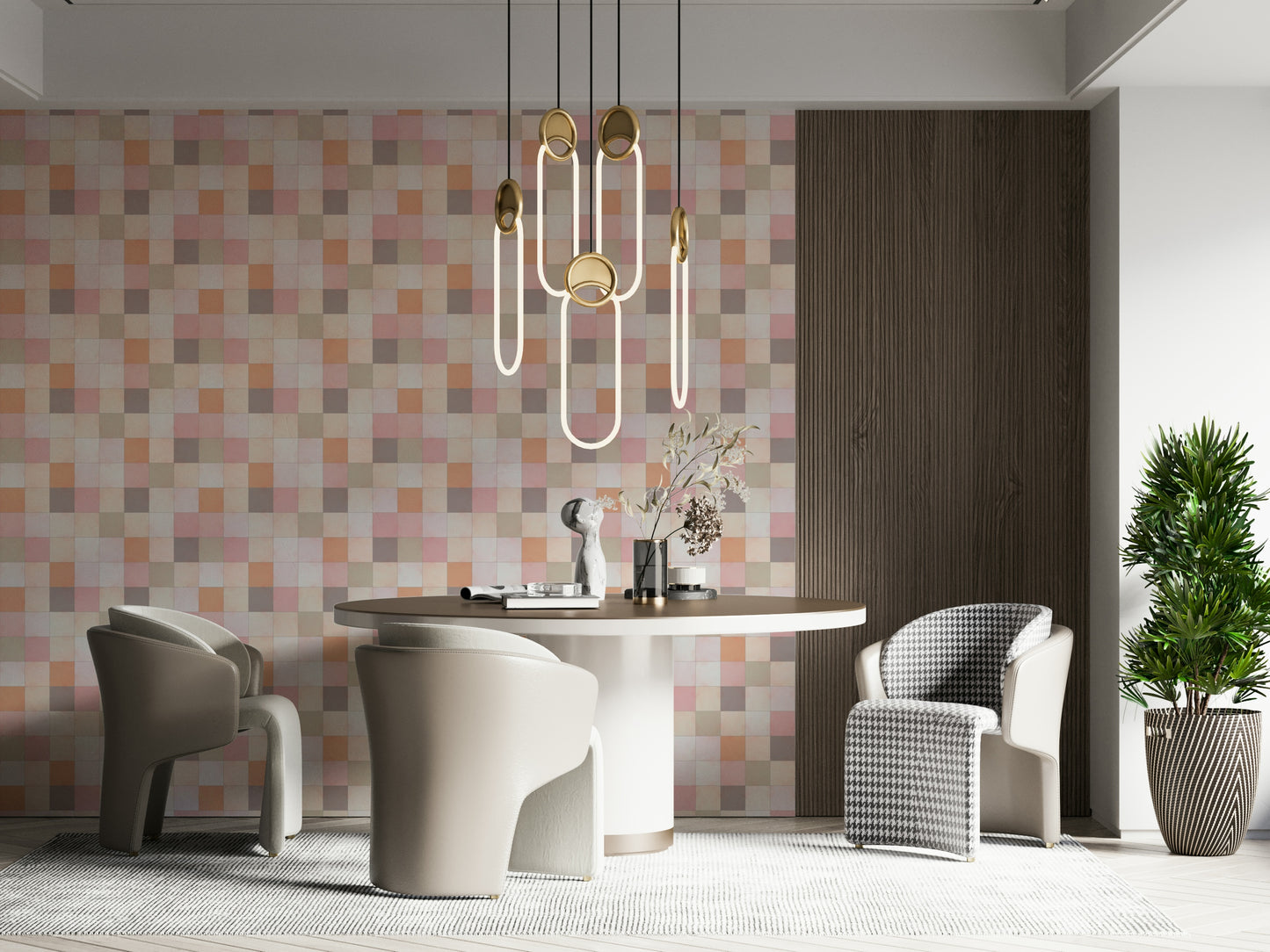 Serene bathroom wall featuring the Peach Glow Soft Mosaic wallpaper.