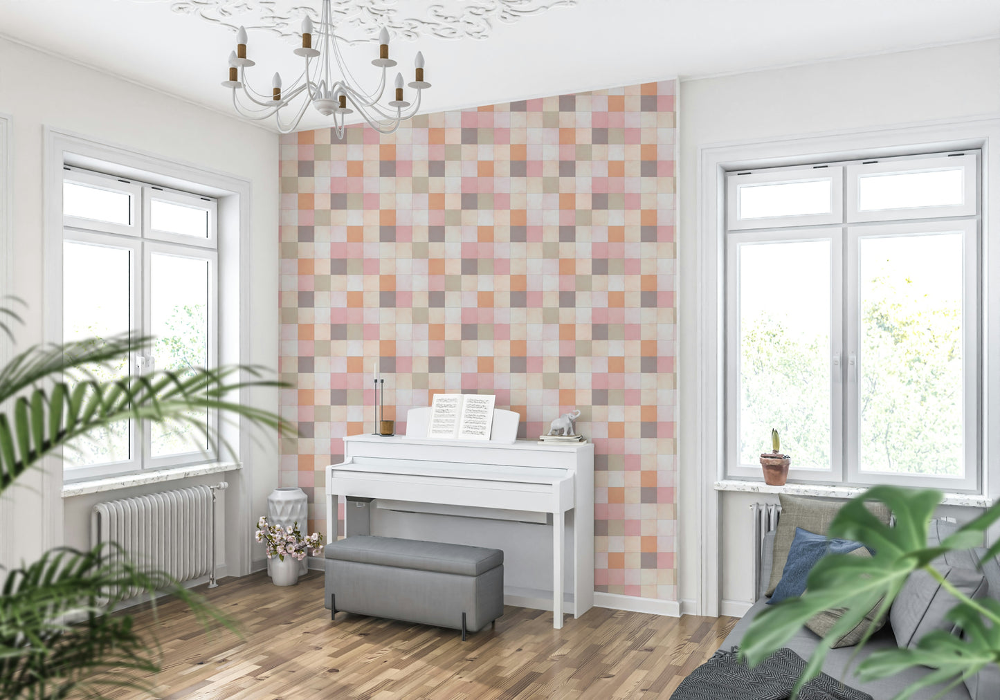 Modern kitchen backsplash with the Peach Glow watercolor tile design.