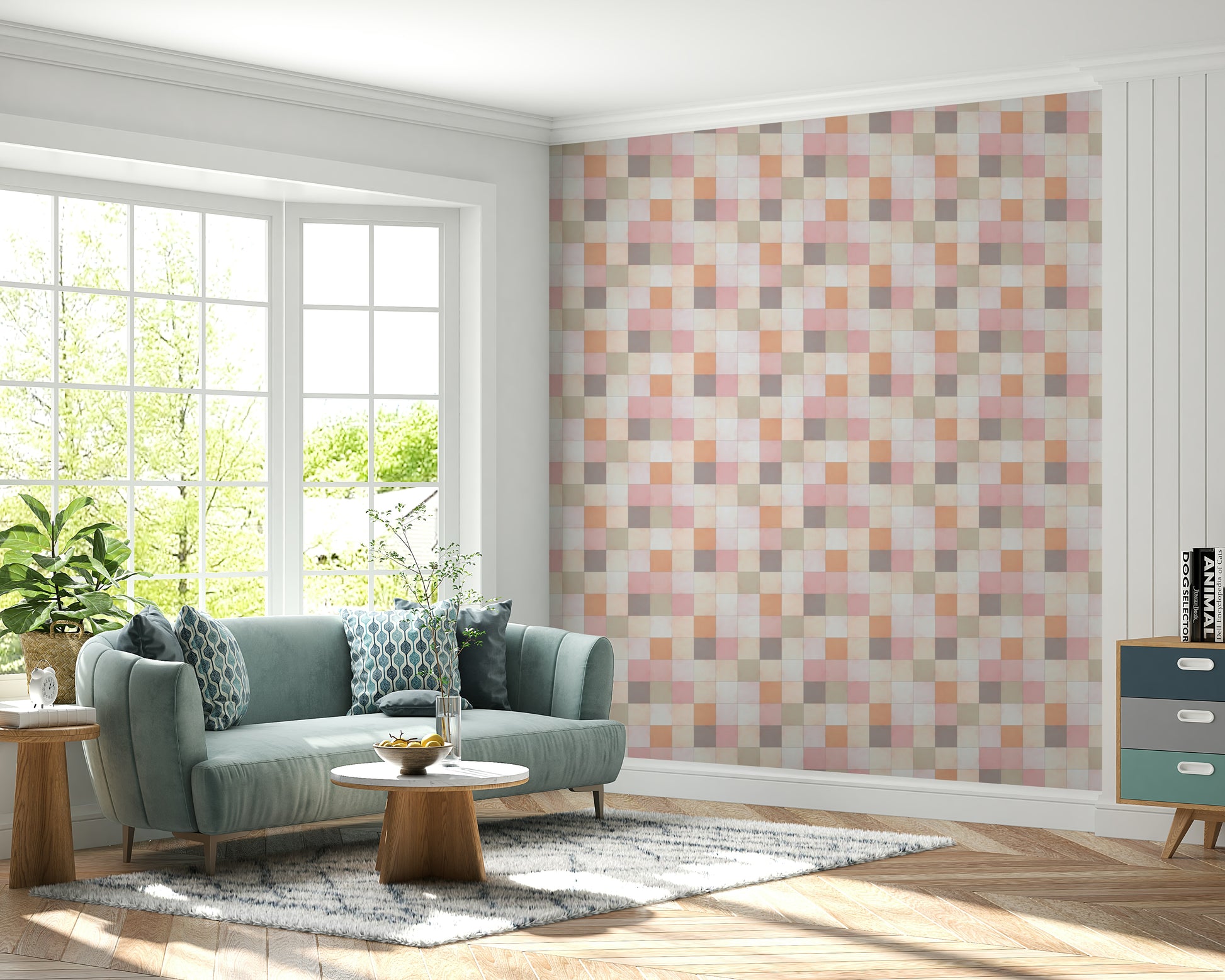 Gentle nursery room with the warm Peach Glow checkered wallpaper.