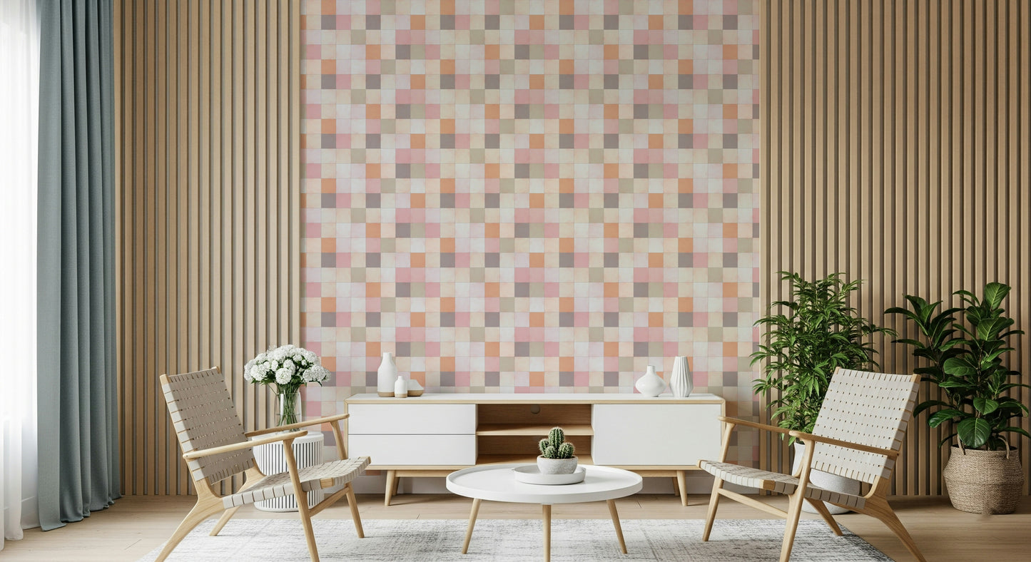 Bedroom accent wall using the Soft Mosaic warm grid pattern.