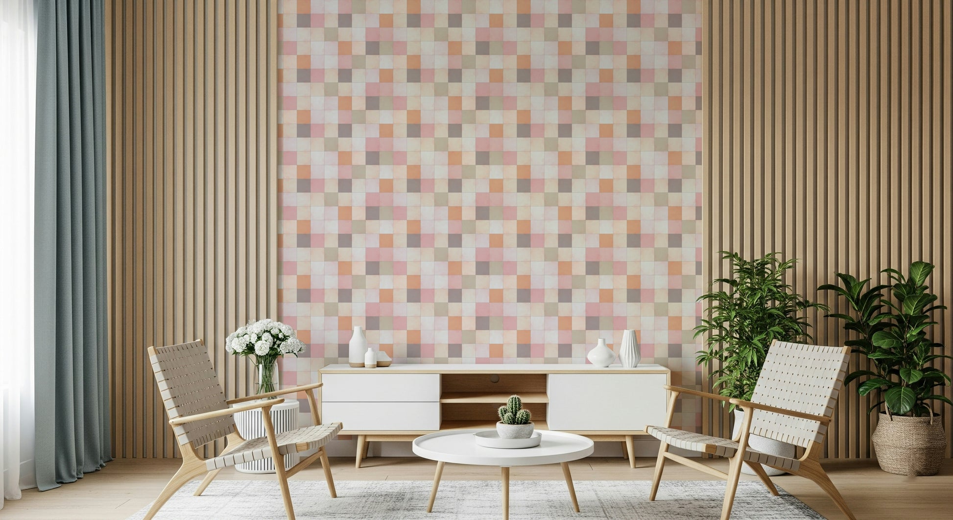 Bedroom accent wall using the Soft Mosaic warm grid pattern.