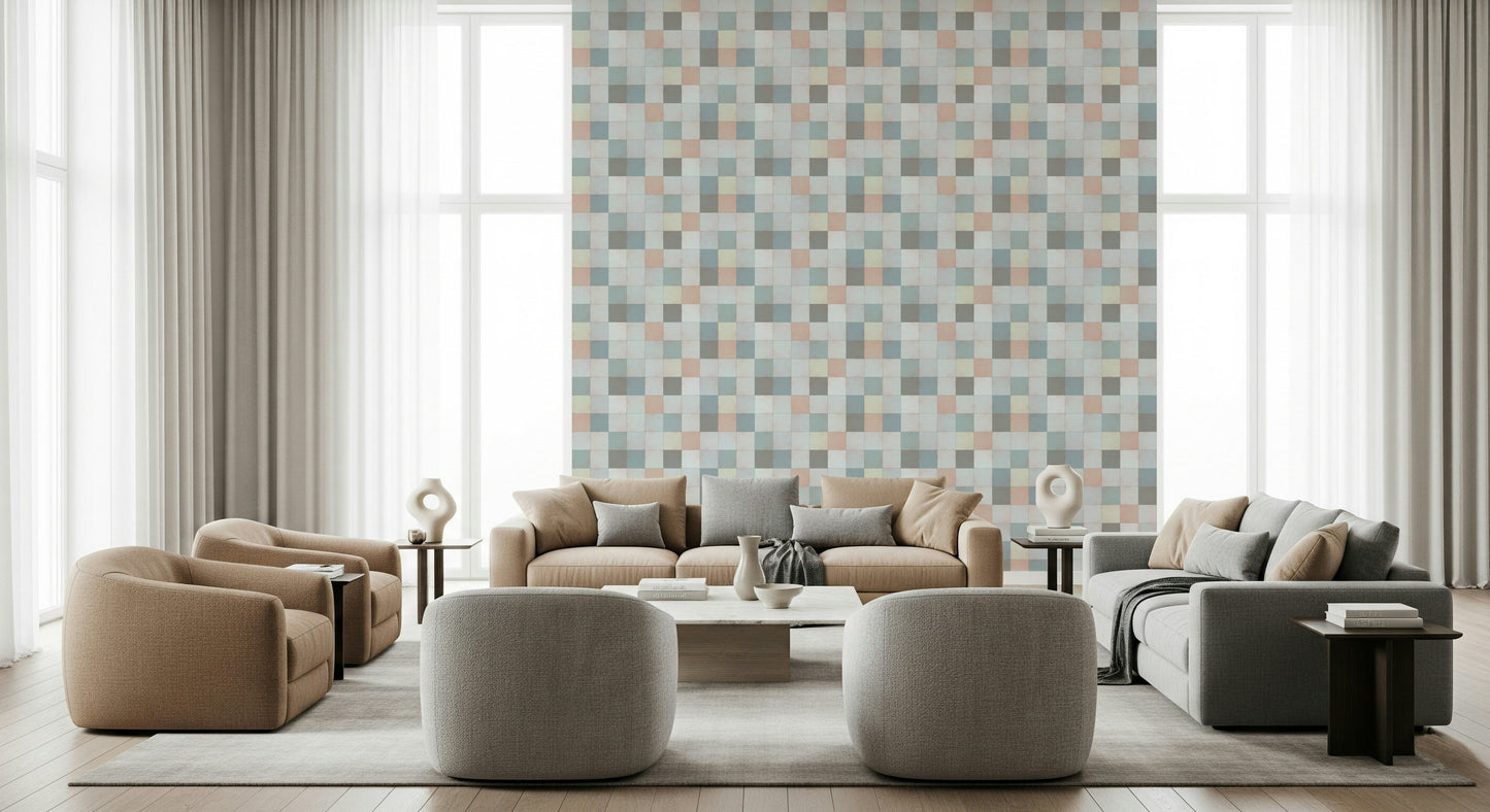 The multi-color palette of the Blue Mist mosaic wallpaper (blue, peach, grey).