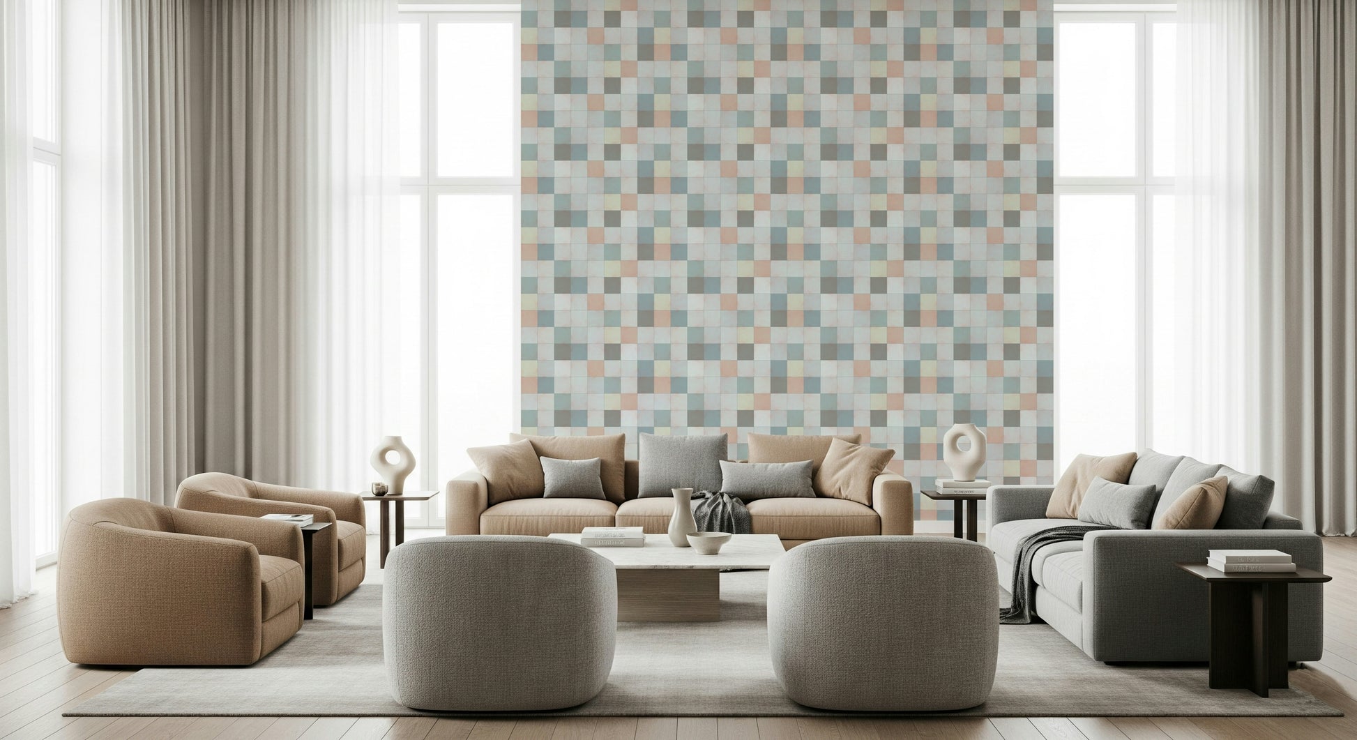 The multi-color palette of the Blue Mist mosaic wallpaper (blue, peach, grey).