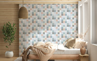 Spa-like living room featuring the Soft Mosaic pastel tile wallpaper.