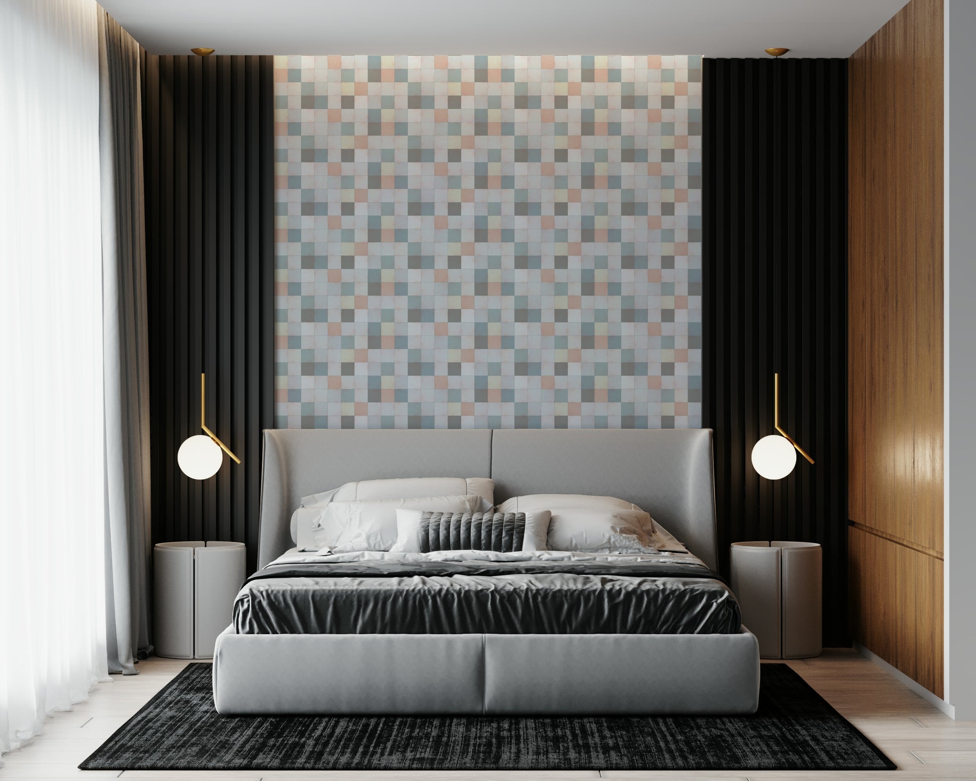 Calm bedroom headboard wall with the Soft Mosaic pastel grid.