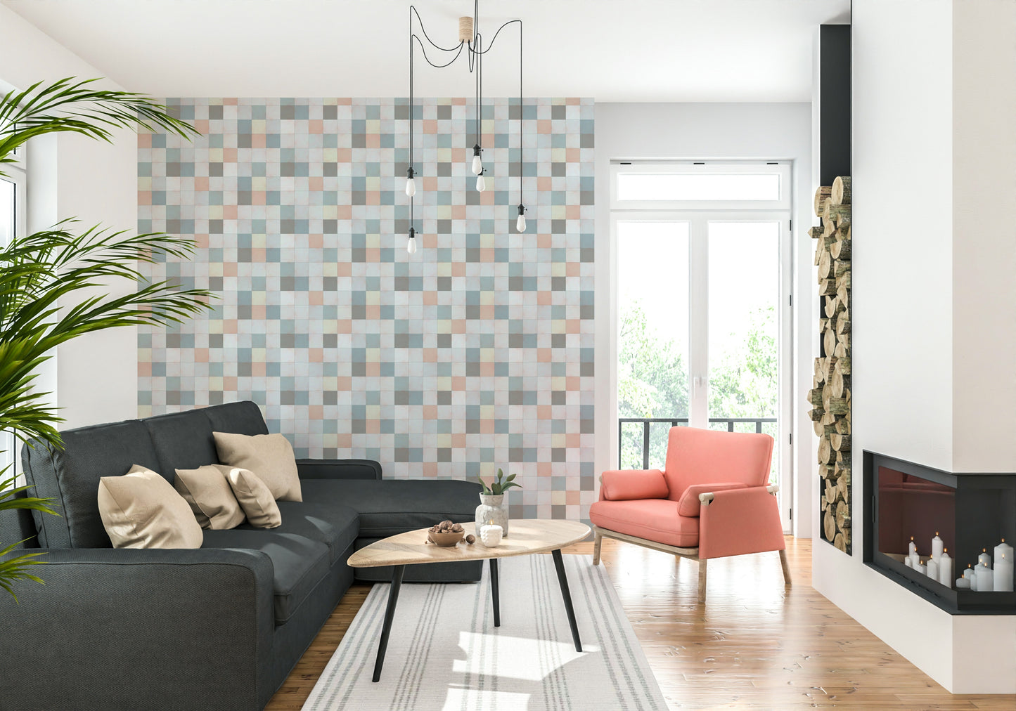 Nursery room wall with the Soft Mosaic pastel square pattern.