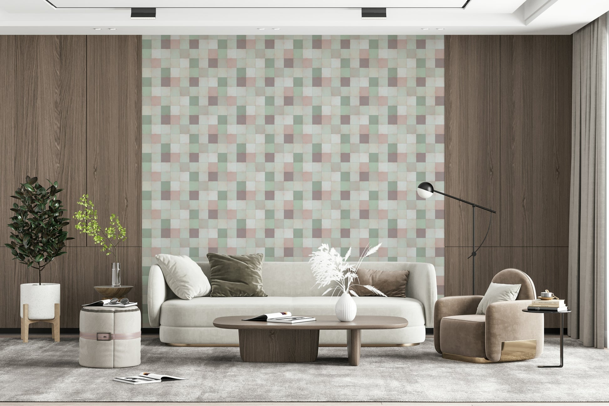 Bedroom accent wall using the Soft Mosaic watercolor grid design.