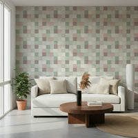 Living room wall featuring the gentle Green Sage checkered pattern.