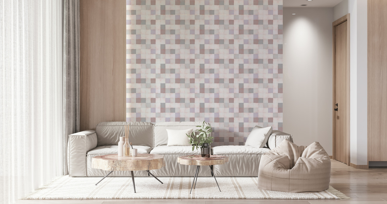 Seamless grid pattern of Soft Mosaic Tiles in blush, beige, and grey-blue.