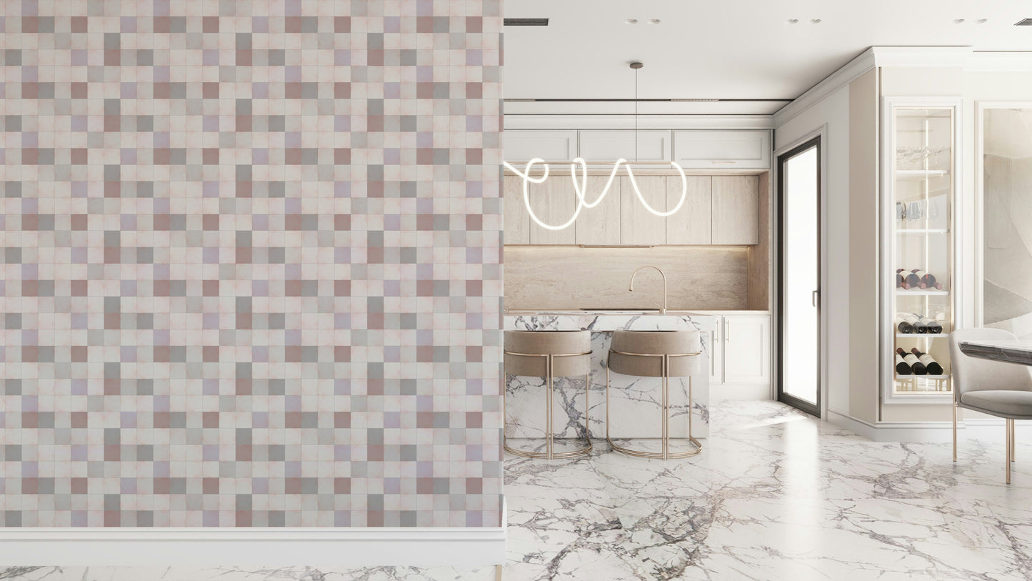 Living room accent wall with the Soft Mosaic blush and beige-grey design.