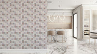 Living room accent wall with the Soft Mosaic blush and beige-grey design.