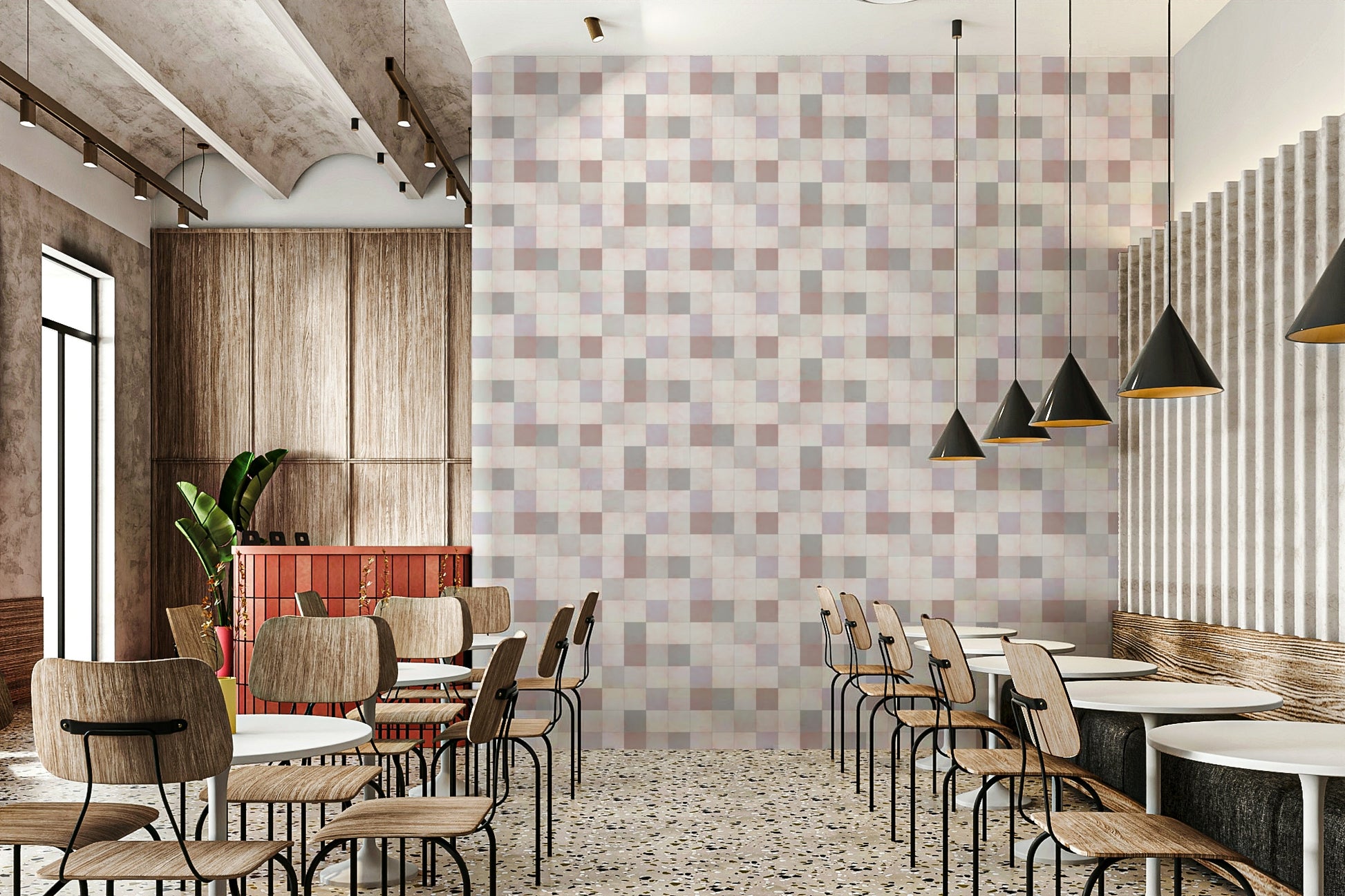 The gentle grey-blue and beige squares of the Soft Mosaic wallpaper.