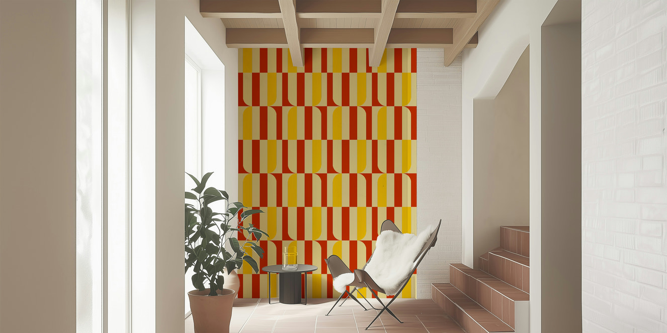 Abstract geometric wallpaper with marigold yellow and maple red blocks.