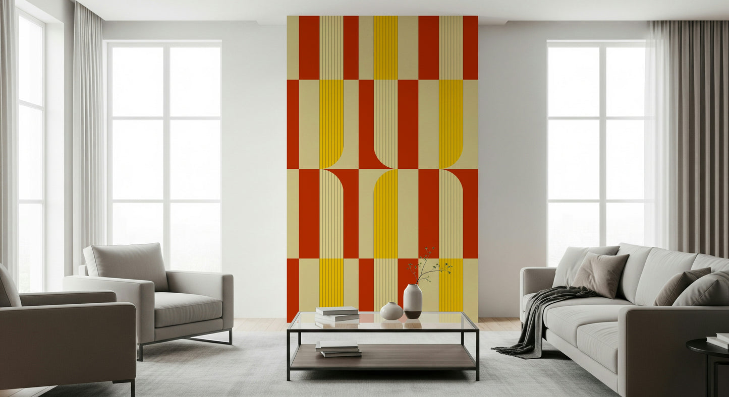 Bold color-blocking of the Marigold and Maple geometric wall mural.