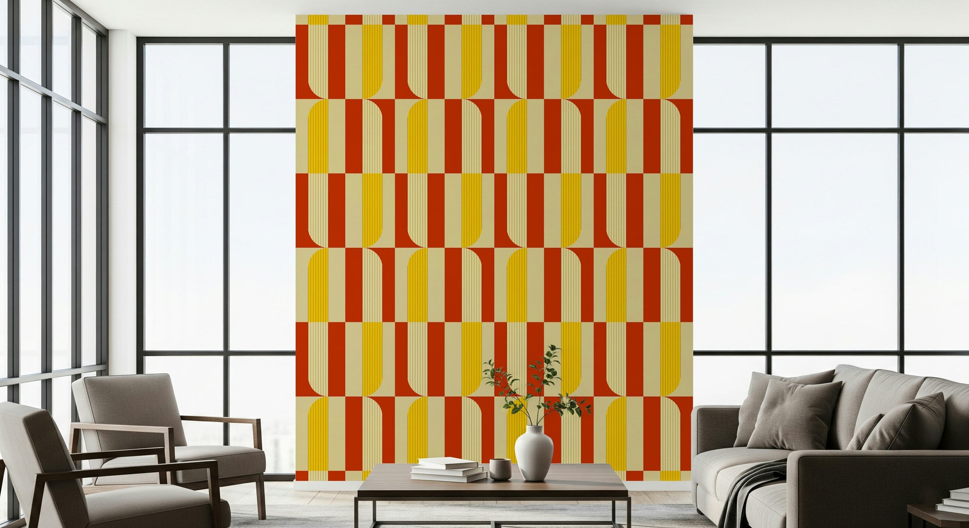 Bedroom headboard wall with the warm-toned Marigold and Maple design.