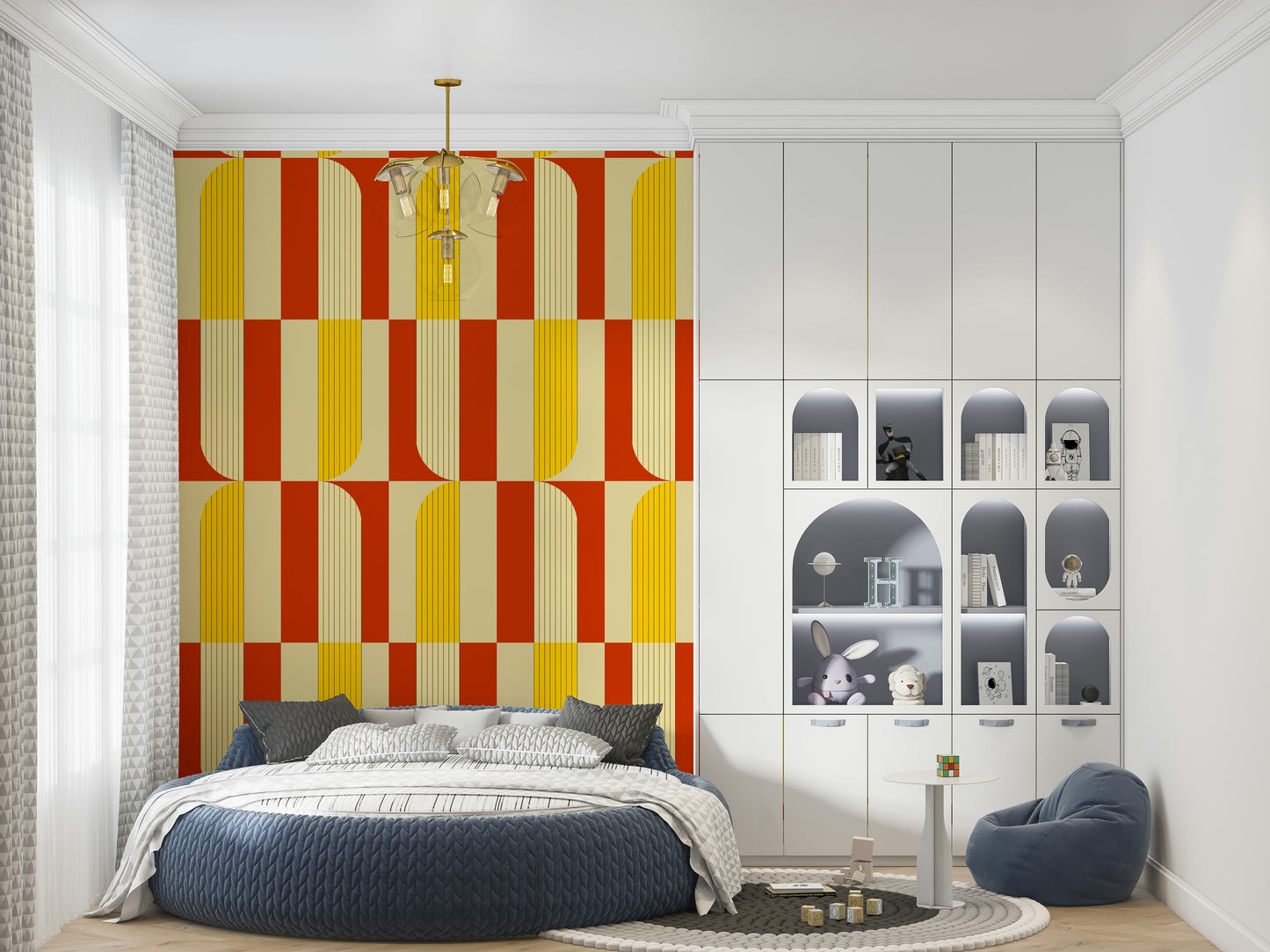Artistic room corner featuring the Marigold and Maple geometric design.