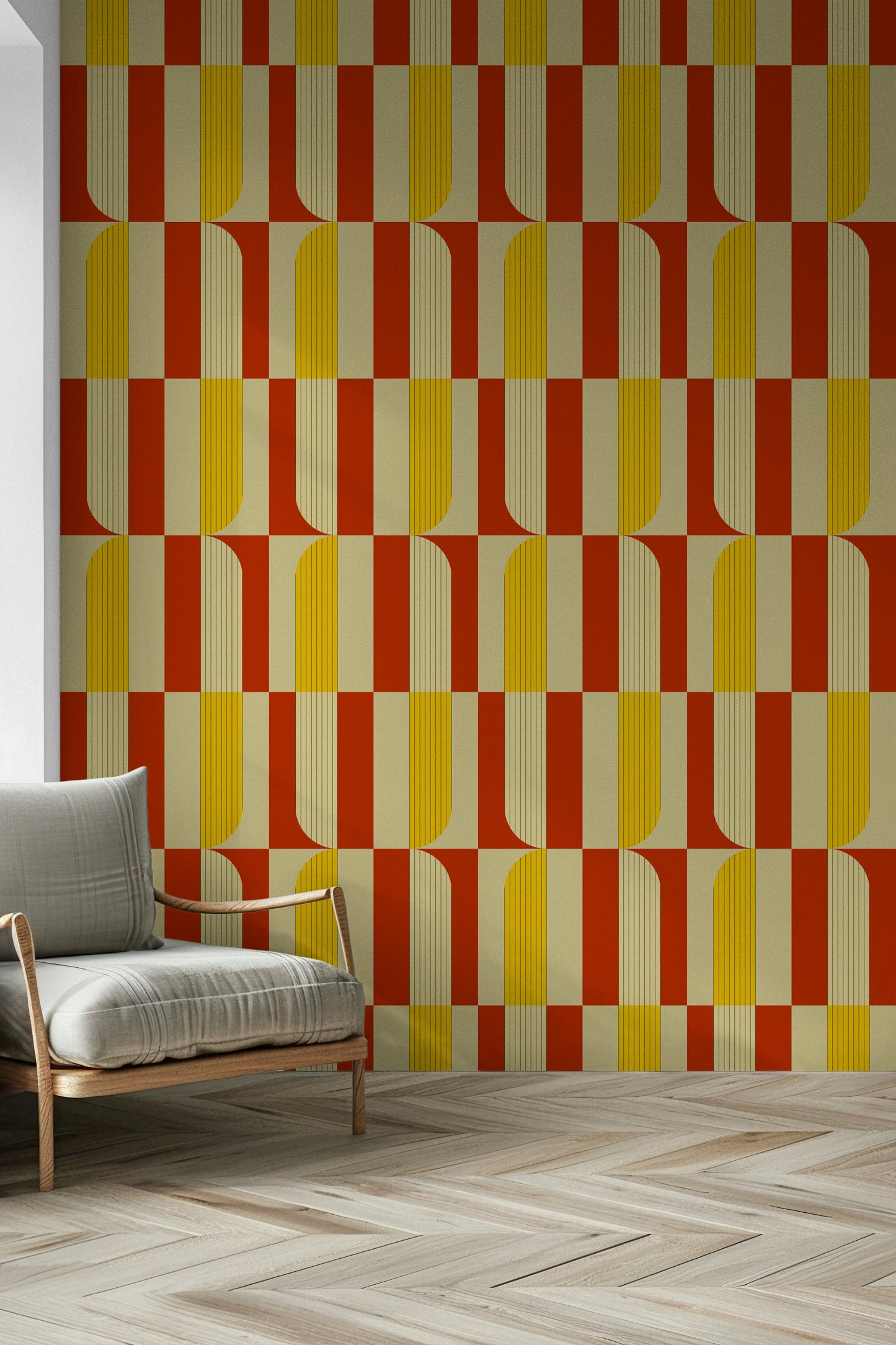 Mid-century modern dining room featuring the Marigold and Maple wallpaper.