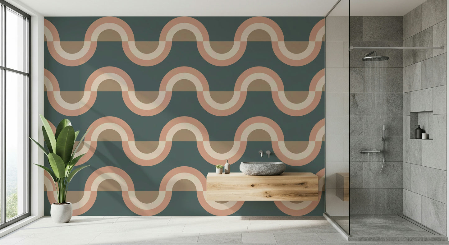 Mid-century styled space showcasing the peel and stick Modern Retro Arcs Decor Wallpaper.