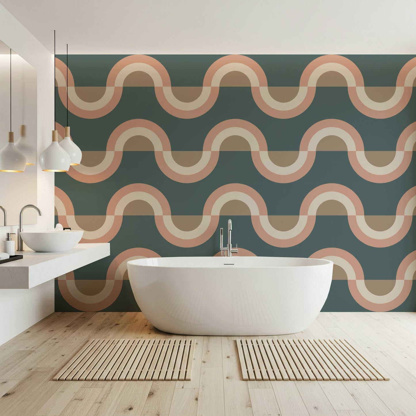 Bedroom accent wall highlighting the curved Modern Retro Arcs Decor Wallpaper.