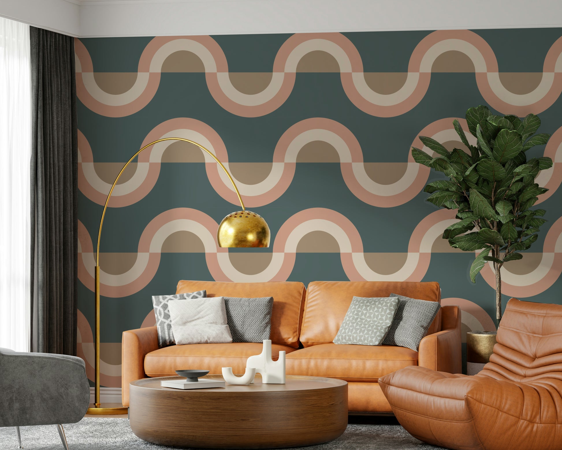 Modern Retro Arcs Decor Wallpaper featured in a stylish sitting room.