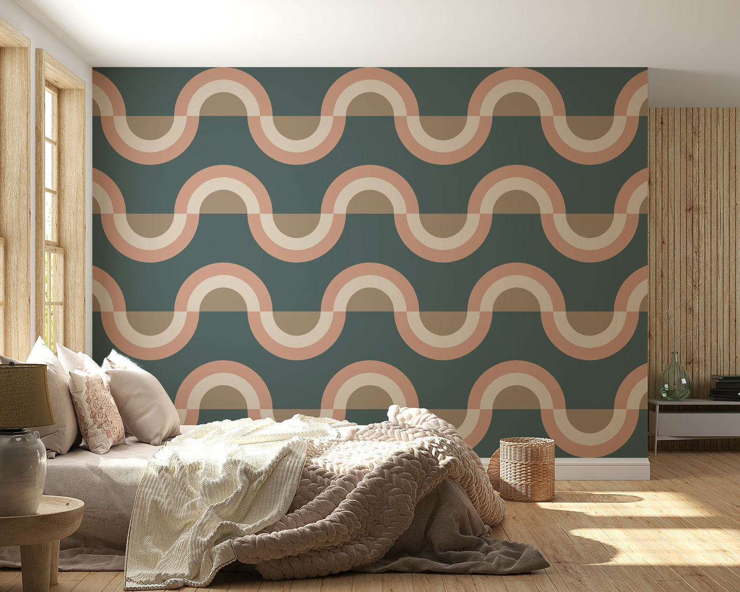 Light emphasizing the textured colors of the Modern Retro Arcs Decor Wallpaper design.