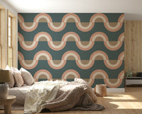 Light emphasizing the textured colors of the Modern Retro Arcs Decor Wallpaper design.
