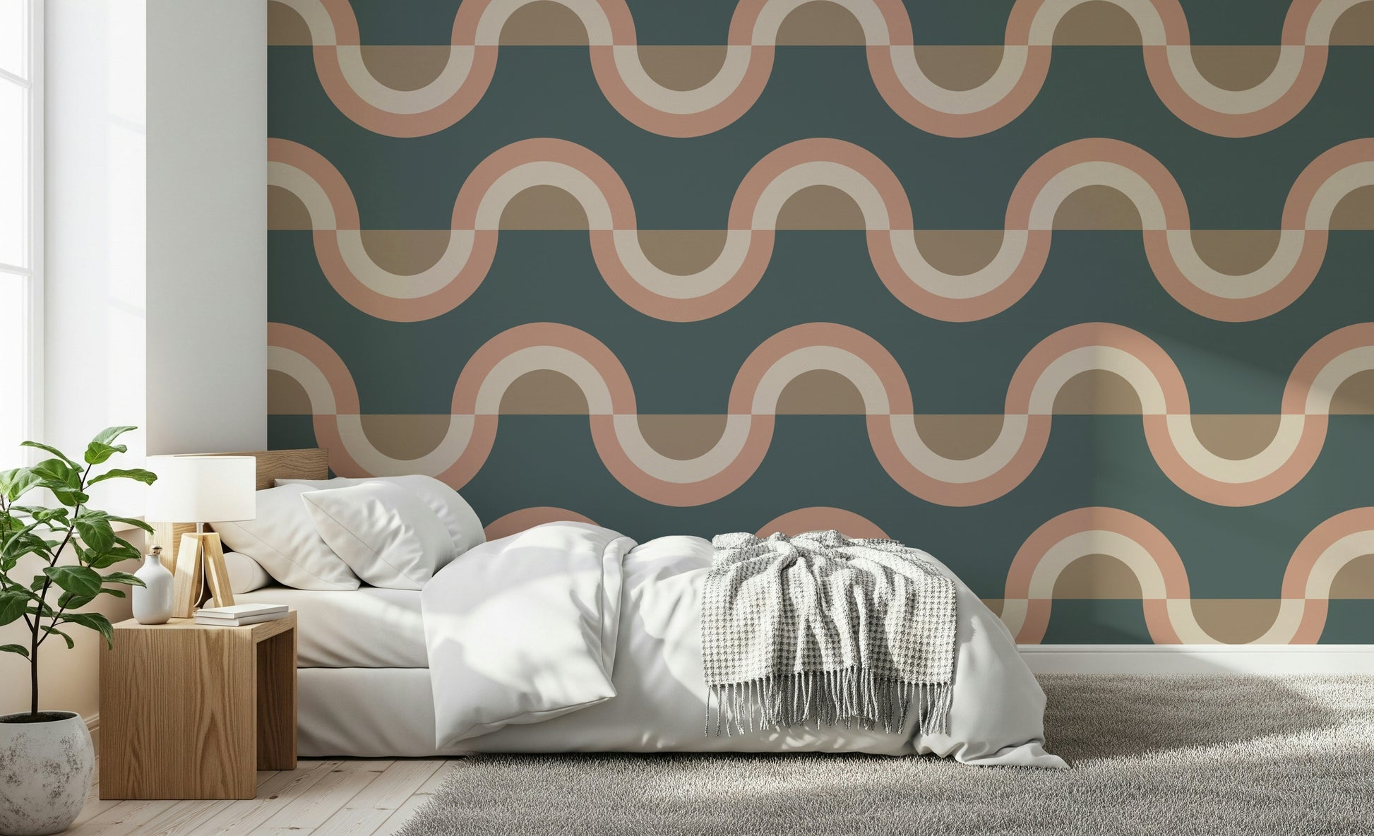 Art wallpaper mural called Modern Retro Arcs provides an accent surface.
