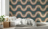 Art wallpaper mural called Modern Retro Arcs provides an accent surface.