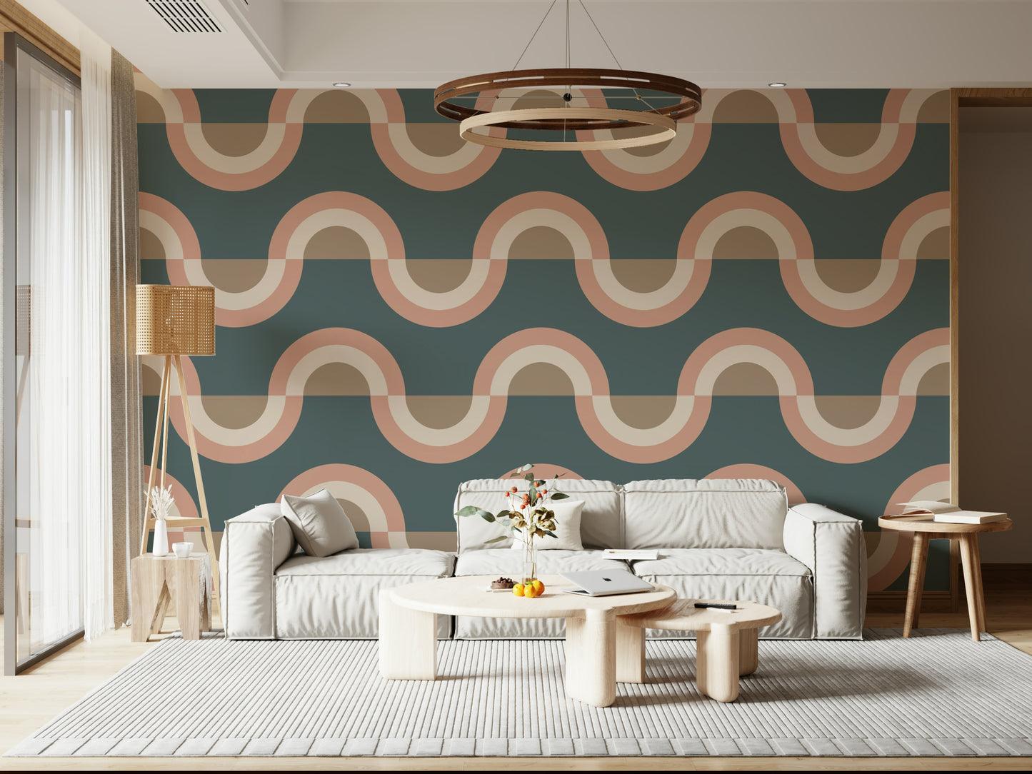 Office reception space accented by the artistic Modern Retro Arcs Decor Wallpaper.