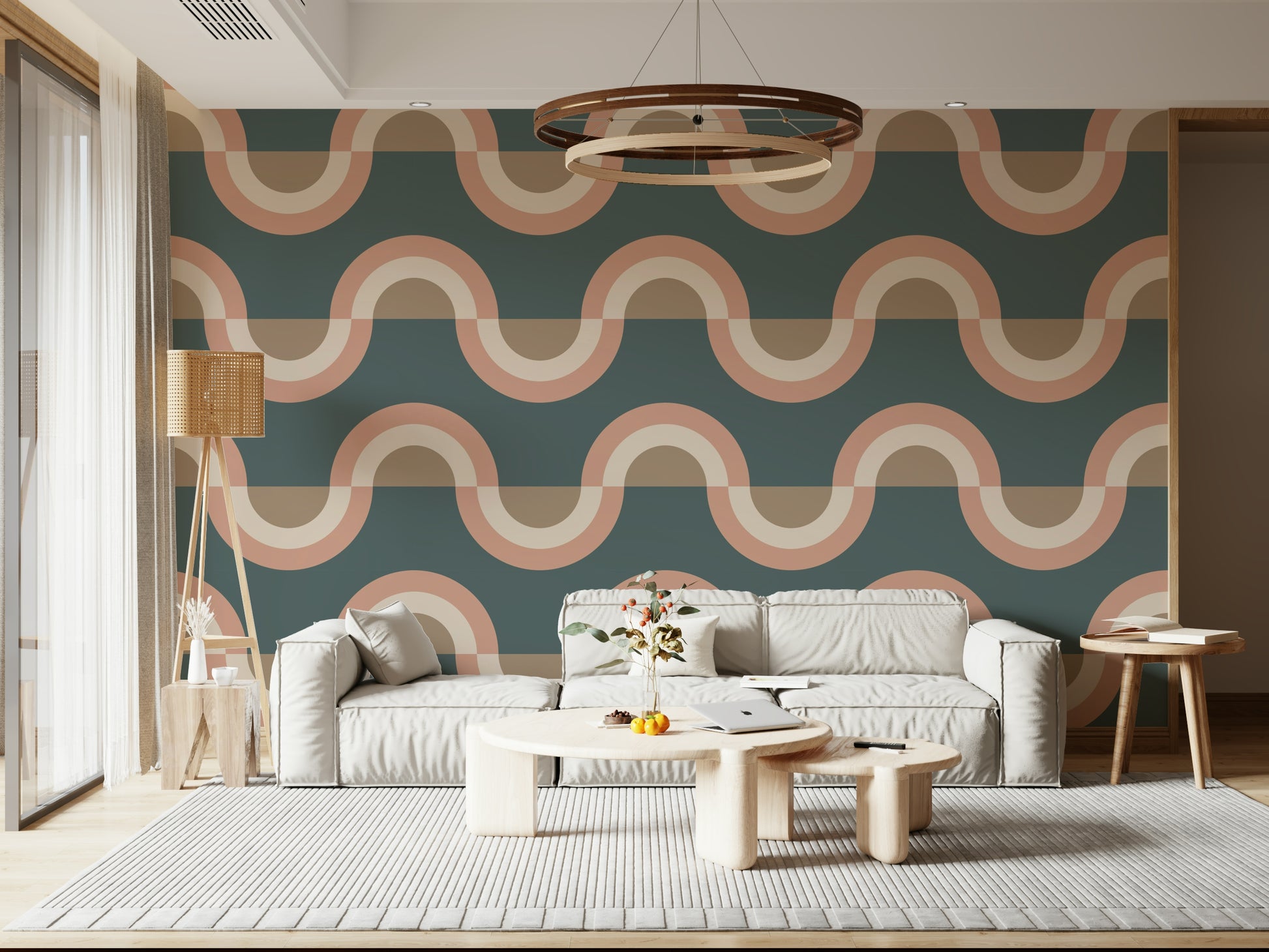 Office reception space accented by the artistic Modern Retro Arcs Decor Wallpaper.